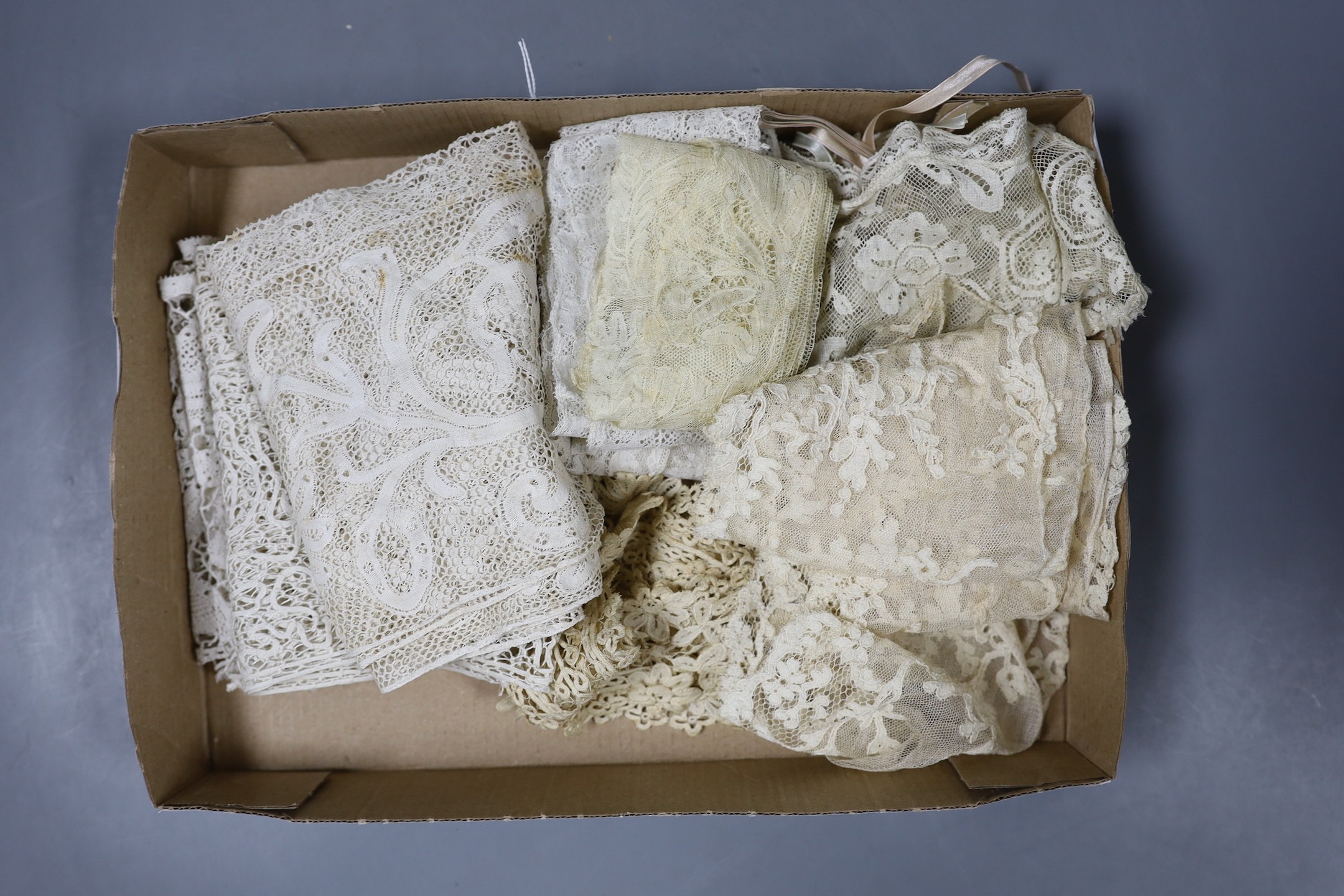 A small collection of 18th century Flemish and bobbin lace trimming, together with late 18th and 19th century bobbin lace trims